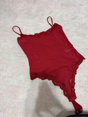 SKIMS Red Lace-Trim Bodysuit Cami